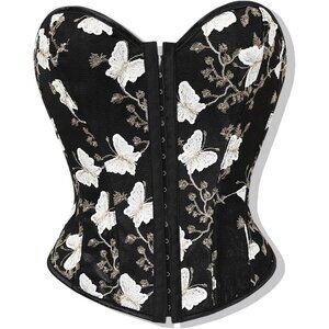 Women Black Floral  Lace Up Boned Overbust Corset Top Bustier Lingerie Bodysuit